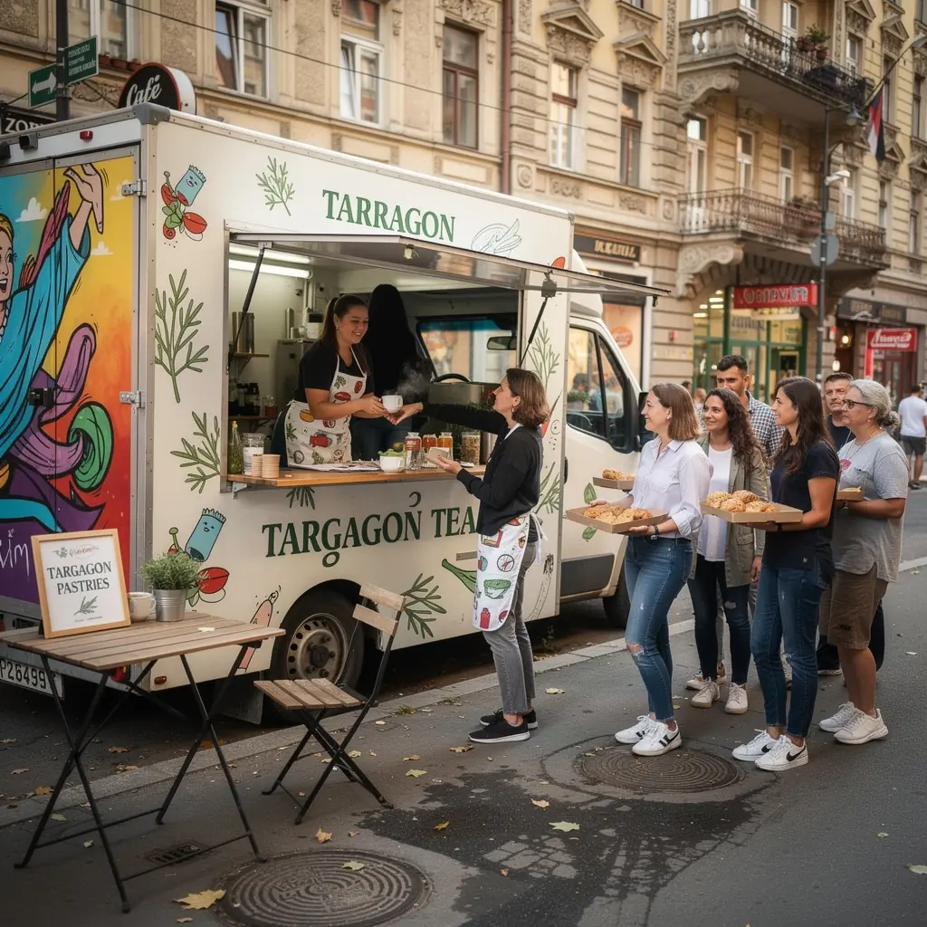 Teás kanna, amelyből gőzölgő tárkonyfű tea ömlik egy csészébe.