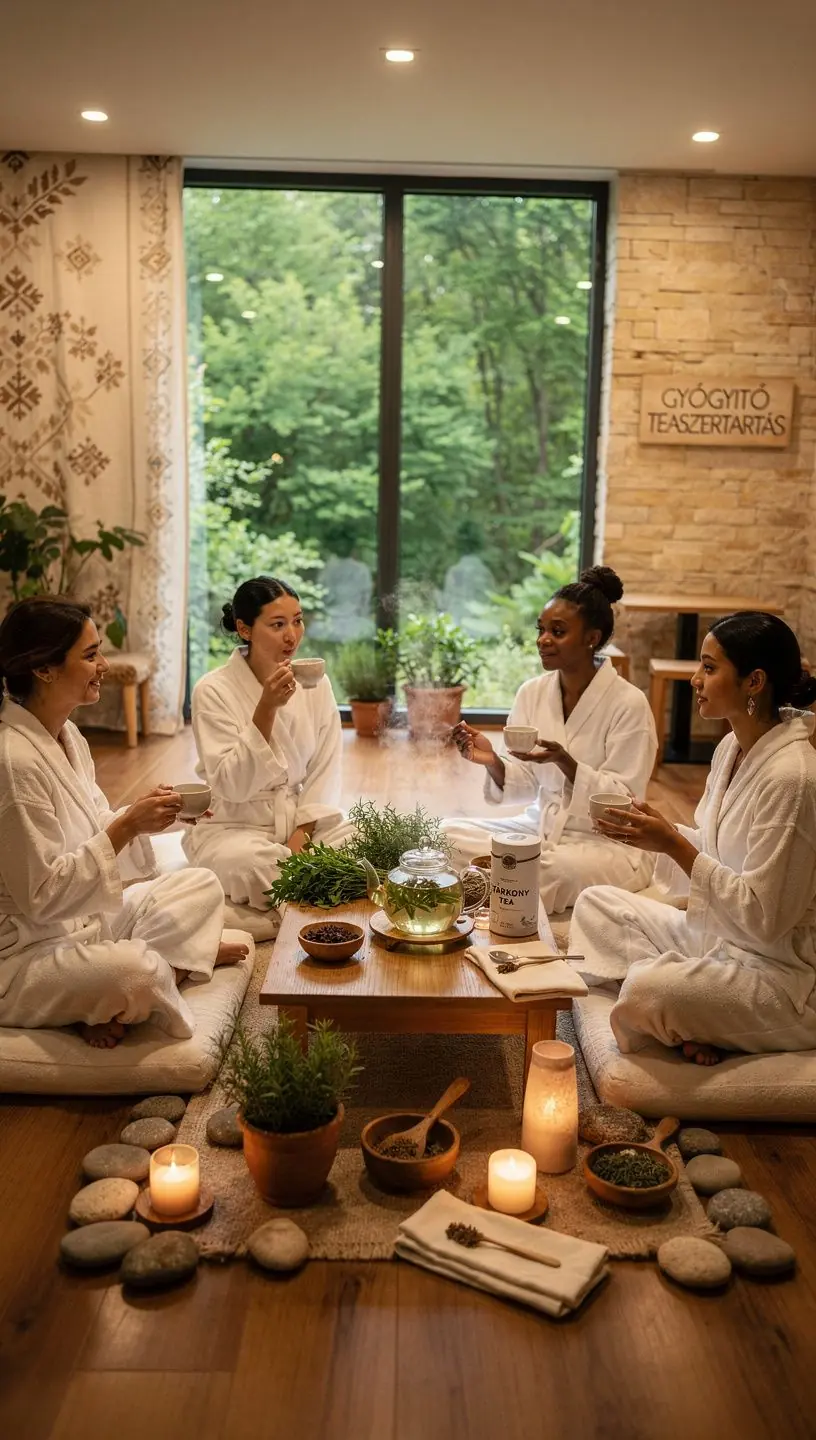 Tárkonyfű tea szürcsölése egy napsütéses teraszon.