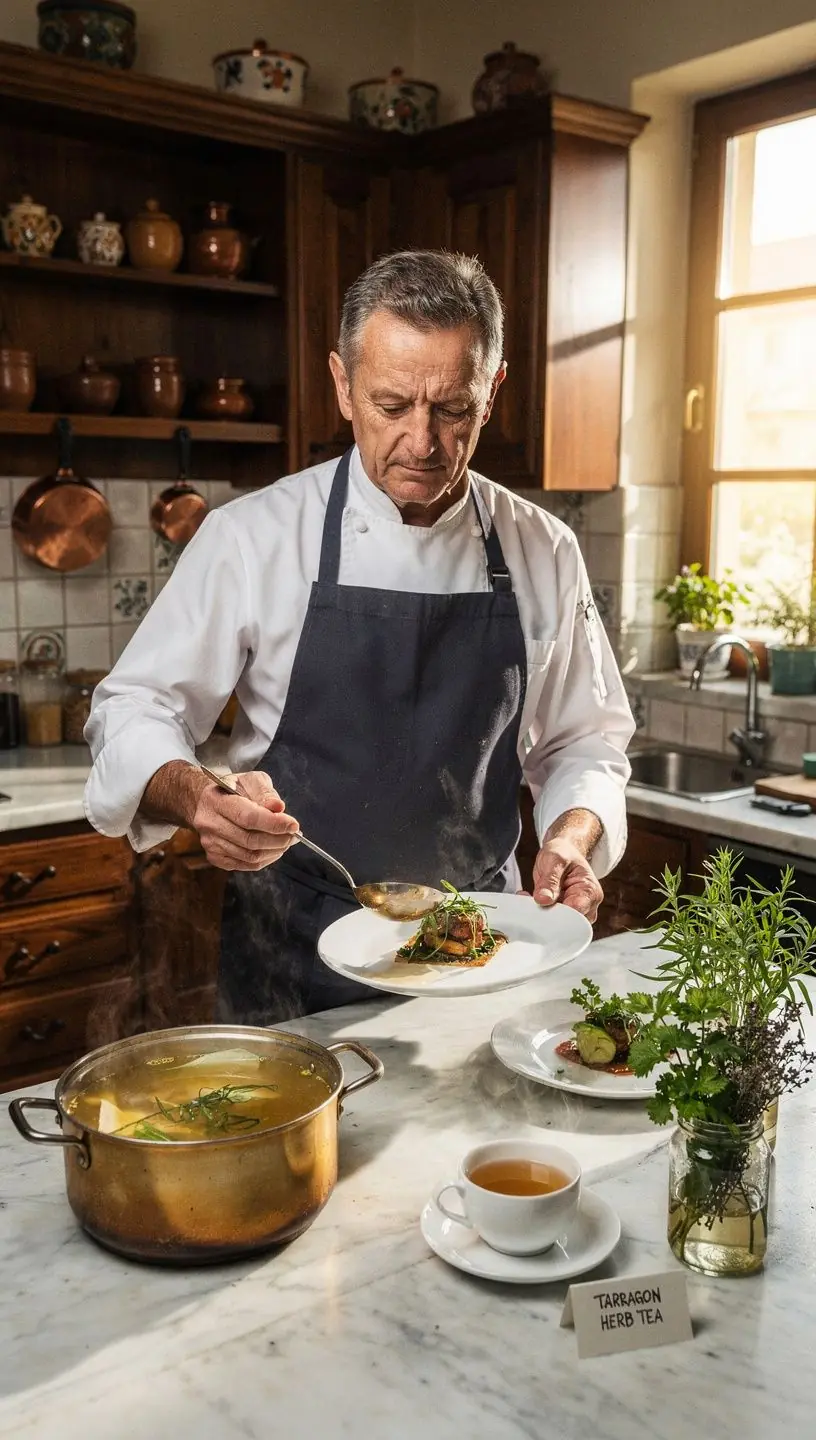 Fűszeres tarragon tea, gyönyörű virágokkal díszítve.